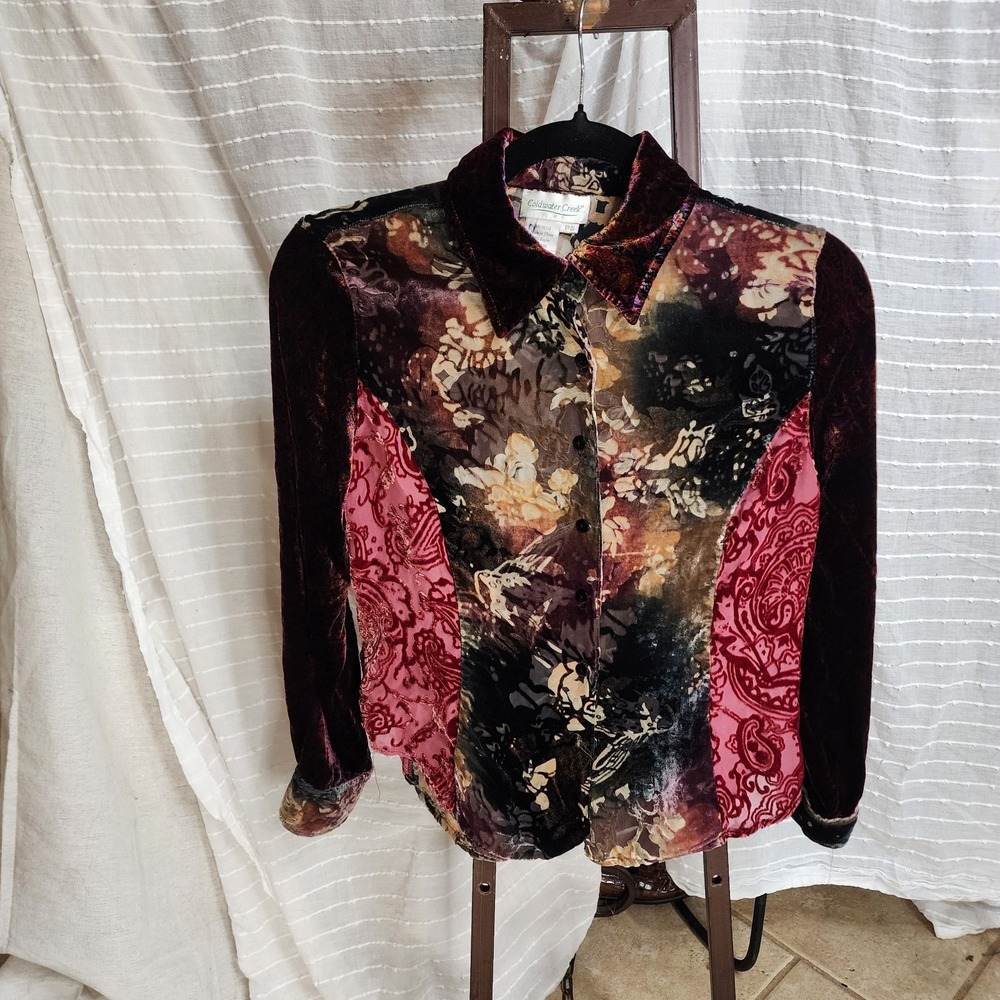 COLDWATER CREEK Women's Silk Velvet Sheer Burnout Button Front Top Size PS